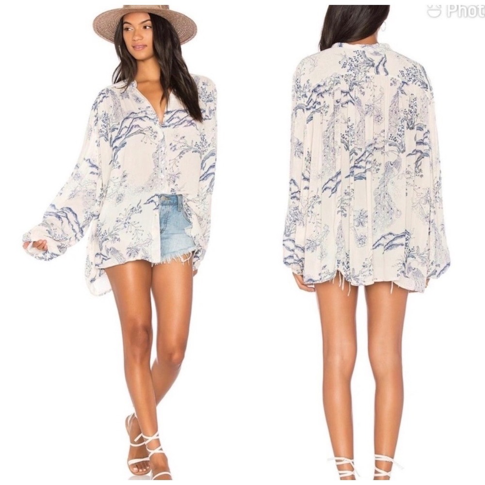 Free People One Starlight Toile Oversized Button Down Blouse Blue Cream XS